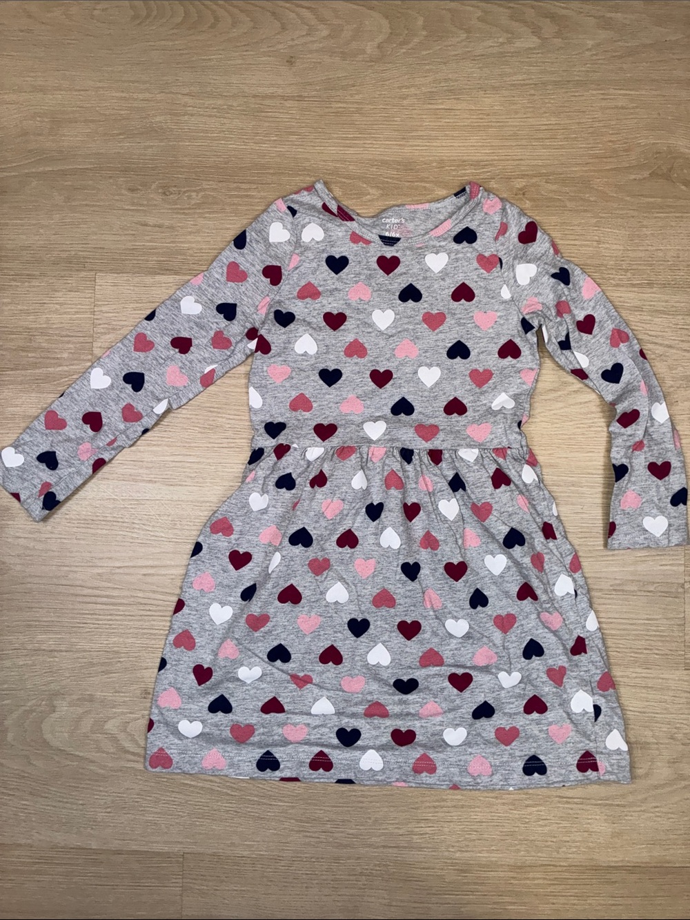 Carter's Grey Long-Sleeve Dress with Pink, Red, White & Navy Hearts